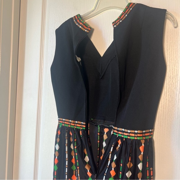 Vintage 70s Leslie Fay Maxi Dress Black Orange Green Circle Dot Geometric small - Picture 5 of 6